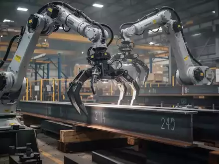 Ein Roboterarm mit Greifern bewegt schwere Stahlträger in einer modernen, automatisierten Industrieanlage. - Foto: über boerse-global.de