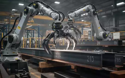 Ein Roboterarm mit Greifern bewegt schwere Stahlträger in einer modernen, automatisierten Industrieanlage. - Foto: über boerse-global.de
