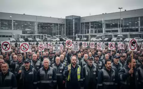 Eine große Gruppe von Fabrikarbeitern protestiert vor einem modernen Automobilwerk unter einem bewölkten Himmel. - Foto: über boerse-global.de