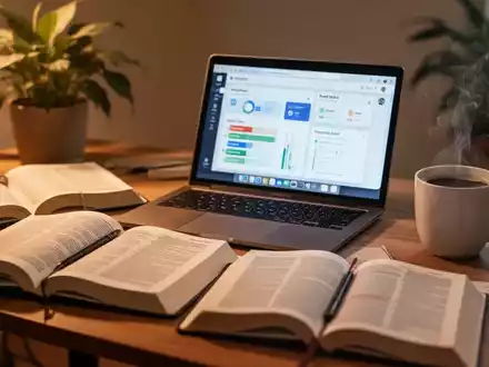 Ein ordentlicher Schreibtisch mit Laptop, offenem Lehrbuch, Kaffeetasse und einer Pflanze, die eine produktive Lernumgebung darstellt. - Foto: über boerse-global.de