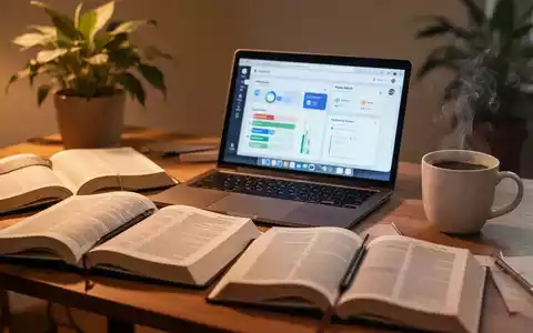 Ein ordentlicher Schreibtisch mit Laptop, offenem Lehrbuch, Kaffeetasse und einer Pflanze, die eine produktive Lernumgebung darstellt. - Foto: über boerse-global.de