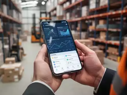 Hände halten ein Smartphone mit einer komplexen App-Oberfläche, im unscharfen Hintergrund eine Baustelle oder ein Lager. - Foto: über boerse-global.de