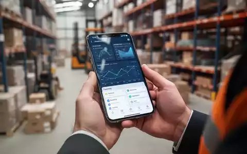 Hände halten ein Smartphone mit einer komplexen App-Oberfläche, im unscharfen Hintergrund eine Baustelle oder ein Lager. - Foto: über boerse-global.de