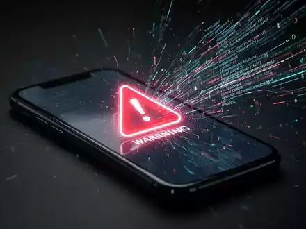 Ein Smartphone-Bildschirm zeigt ein Warnsymbol, umgeben von leuchtenden, abstrakten Datenströmen und Codezeilen, die KI-Bedrohungen symbolisieren. - Foto: über boerse-global.de