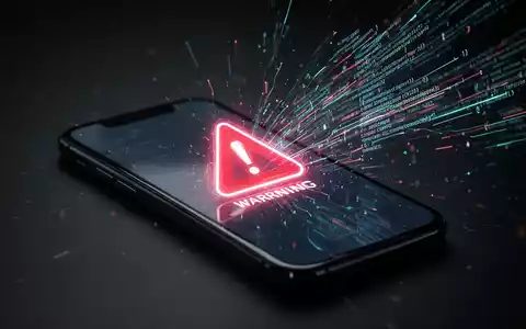 Ein Smartphone-Bildschirm zeigt ein Warnsymbol, umgeben von leuchtenden, abstrakten Datenströmen und Codezeilen, die KI-Bedrohungen symbolisieren. - Foto: über boerse-global.de