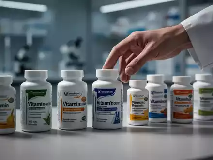 Nahaufnahme verschiedener Vitamin- und Nahrungsergänzungsmittelflaschen auf einer minimalistischen Oberfläche, eine Hand greift nach einer Flasche. - Foto: über boerse-global.de
