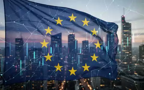 Eine stilisierte EU-Flagge mit digitalen Mustern über einem abstrakten Finanznetzwerk und einer verschwommenen Stadtlandschaft. - Foto: über boerse-global.de