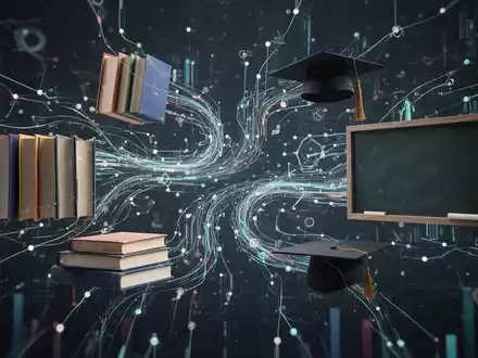 Abstrakte Darstellung von Datenströmen, die sich mit Bildungssymbolen wie Büchern und einer Tafel verbinden, um datengestützte Schulentwicklung darzustellen. - Foto: über boerse-global.de