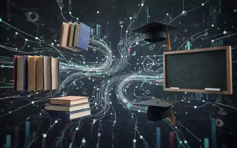 Abstrakte Darstellung von Datenströmen, die sich mit Bildungssymbolen wie Büchern und einer Tafel verbinden, um datengestützte Schulentwicklung darzustellen. - Foto: über boerse-global.de