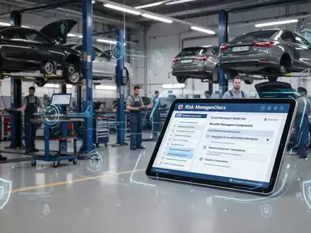 Eine moderne Autowerkstatt mit digitalen Tablets, die Compliance-Checklisten und Risikomanagement-Metriken anzeigen. - Foto: über boerse-global.de