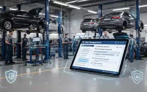 Eine moderne Autowerkstatt mit digitalen Tablets, die Compliance-Checklisten und Risikomanagement-Metriken anzeigen. - Foto: über boerse-global.de