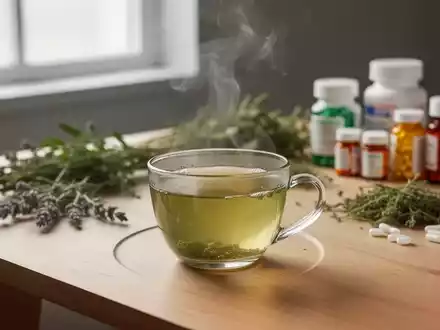 Eine dampfende Tasse grüner Tee auf einem Holztisch, umgeben von verschwommenen Kräutern und Medikamentenflaschen im Hintergrund. - Foto: über boerse-global.de