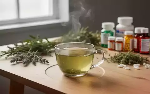 Eine dampfende Tasse grüner Tee auf einem Holztisch, umgeben von verschwommenen Kräutern und Medikamentenflaschen im Hintergrund. - Foto: über boerse-global.de