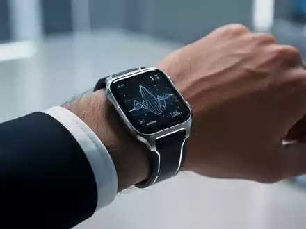 Nahaufnahme eines Handgelenks mit einer Smartwatch, die abstrakte Daten visualisiert, um Stresserkennung durch KI darzustellen. - Foto: über boerse-global.de