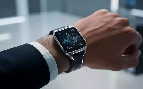 Nahaufnahme eines Handgelenks mit einer Smartwatch, die abstrakte Daten visualisiert, um Stresserkennung durch KI darzustellen. - Foto: über boerse-global.de