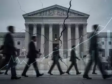 Abstrakte Darstellung einer Finanzkrise mit einem zerbrechenden Regierungsgebäude und fallenden Finanzdiagrammen. - Foto: über boerse-global.de