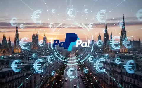 Digitale Zahlungsoberfläche mit PayPal-Logo, Euro-Symbolen und Datenströmen über einer europäischen Stadtsilhouette. - Foto: über boerse-global.de