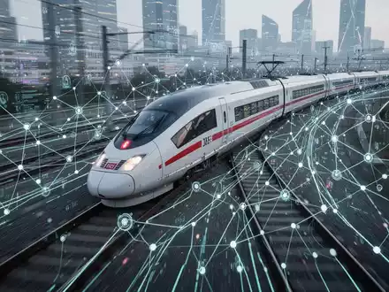 Hochgeschwindigkeits-ICE-Zug in futuristischer Landschaft mit digitalen Overlays zur Schieneninfrastruktur-Modernisierung. - Foto: über boerse-global.de