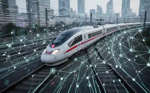 Hochgeschwindigkeits-ICE-Zug in futuristischer Landschaft mit digitalen Overlays zur Schieneninfrastruktur-Modernisierung. - Foto: über boerse-global.de