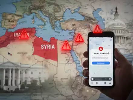 Eine stilisierte Karte des Nahen Ostens mit Warnzeichen über Iran und Syrien, eine Hand hält ein Smartphone mit Reisewarnung. - Foto: über boerse-global.de