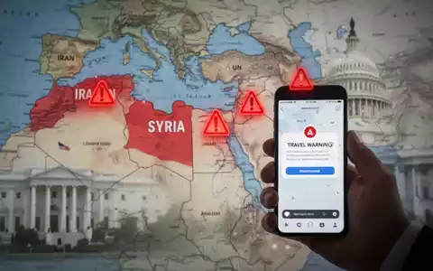 Eine stilisierte Karte des Nahen Ostens mit Warnzeichen über Iran und Syrien, eine Hand hält ein Smartphone mit Reisewarnung. - Foto: über boerse-global.de