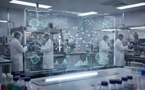 Eine futuristische, saubere pharmazeutische Laborumgebung mit einem transparenten Display, das KI-generierte Molekularstrukturen zeigt. - Foto: über boerse-global.de