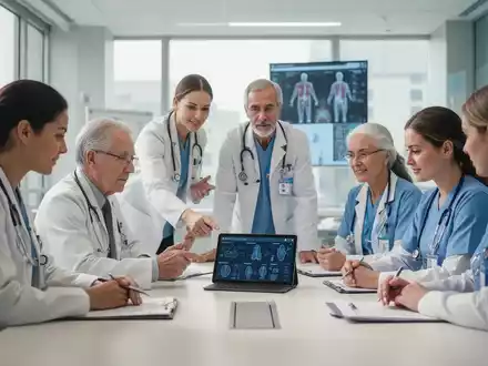 Ärzte, Krankenschwestern und Therapeuten besprechen in einem modernen Konferenzraum die Patientenversorgung. - Foto: über boerse-global.de
