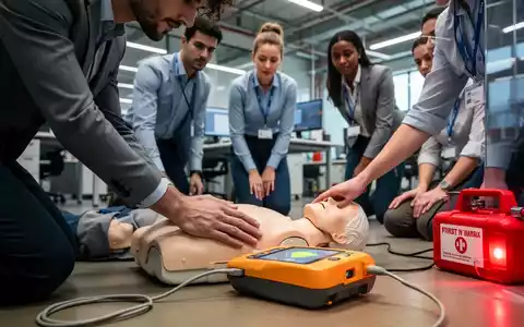 Mitarbeiter nehmen an einer Erste-Hilfe-Schulung teil, konzentriert auf eine CPR-Demonstration in einem modernen Arbeitsumfeld. - Foto: über boerse-global.de