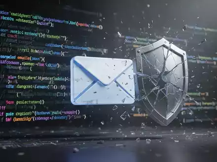 Abstrakte digitale Illustration mit fragmentiertem Code und zerbrochenem Schild, symbolisiert E-Mail-Rendering-Probleme und Kompatibilitätsprobleme. - Foto: über boerse-global.de