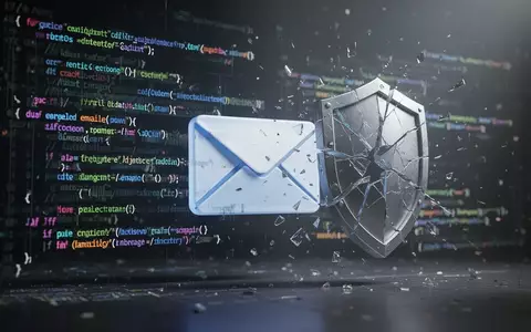 Abstrakte digitale Illustration mit fragmentiertem Code und zerbrochenem Schild, symbolisiert E-Mail-Rendering-Probleme und Kompatibilitätsprobleme. - Foto: über boerse-global.de