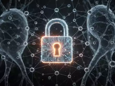 Leuchtendes digitales Vorhängeschloss für Cybersicherheit, überlagert mit einem Netzwerkknoten, im Hintergrund ein subtiles KI-Neuronales Netz. - Foto: über boerse-global.de
