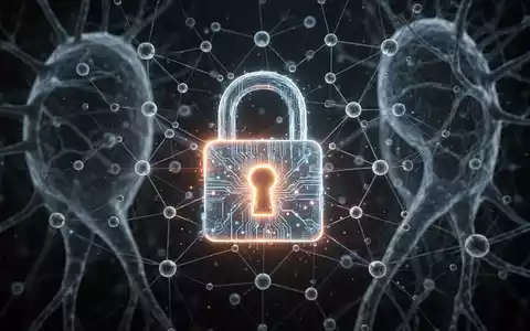 Leuchtendes digitales Vorhängeschloss für Cybersicherheit, überlagert mit einem Netzwerkknoten, im Hintergrund ein subtiles KI-Neuronales Netz. - Foto: über boerse-global.de