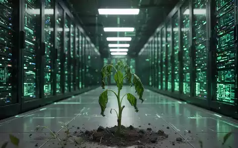 Ein riesiges, modernes Rechenzentrum mit leuchtenden Server-Racks und einer einzelnen, welkenden Pflanze im Vordergrund. - Foto: über boerse-global.de