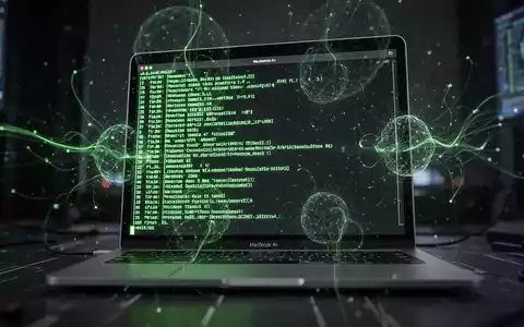 Nahaufnahme eines MacBook Air-Bildschirms mit leuchtend grüner Kommandozeile und subtilen KI-Netzmustern. - Foto: über boerse-global.de