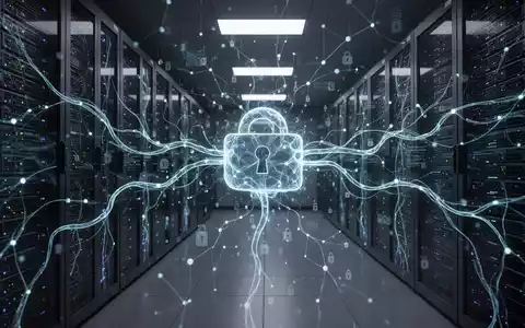 Ein stilisiertes, leuchtendes neuronales Netzwerk über einem Serverraum, das die Integration von KI in die Cybersicherheit symbolisiert. - Foto: über boerse-global.de