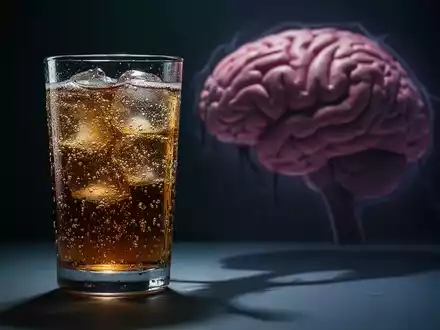 Ein Glas eines zuckerhaltigen Getränks, das einen bedrohlichen Schatten auf ein verschwommenes Gehirnmodell wirft. - Foto: über boerse-global.de