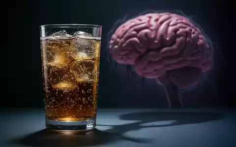 Ein Glas eines zuckerhaltigen Getränks, das einen bedrohlichen Schatten auf ein verschwommenes Gehirnmodell wirft. - Foto: über boerse-global.de