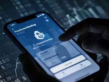 Ein Smartphone-Bildschirm zeigt eine betrügerische Banking-App mit einer undeutlichen Hand, die versucht, darauf zuzugreifen. - Foto: über boerse-global.de