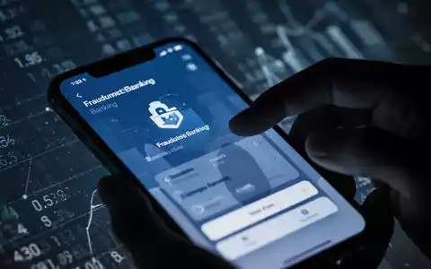 Ein Smartphone-Bildschirm zeigt eine betrügerische Banking-App mit einer undeutlichen Hand, die versucht, darauf zuzugreifen. - Foto: über boerse-global.de