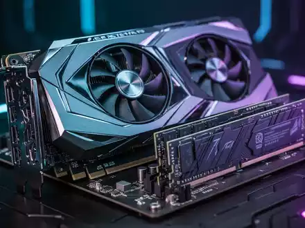 Nahaufnahme von PC-Komponenten: Grafikkarte mit leuchtenden Akzenten und RAM-Riegeln, Symbol für leistungsstarke Gaming-Hardware. - Foto: über boerse-global.de