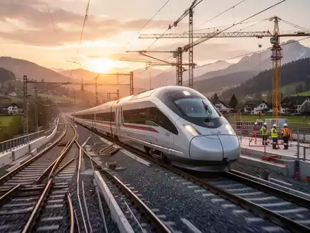 Ein moderner Hochgeschwindigkeitszug fährt durch eine neu gebaute Eisenbahnstrecke in einer europäischen Landschaft bei Sonnenuntergang. - Foto: über boerse-global.de