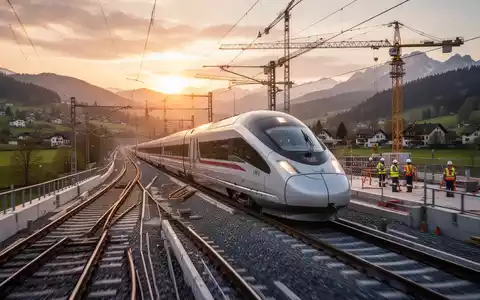 Ein moderner Hochgeschwindigkeitszug fährt durch eine neu gebaute Eisenbahnstrecke in einer europäischen Landschaft bei Sonnenuntergang. - Foto: über boerse-global.de