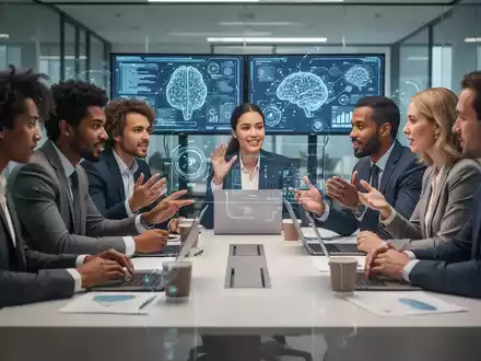 Eine Gruppe von Fachleuten bei einer Besprechung, die Soft Skills und menschliche Interaktion im Zeitalter der KI symbolisiert. - Foto: über boerse-global.de