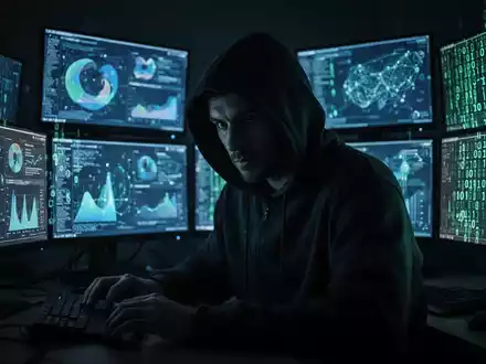 Verschattete Gestalt in dunklem Hoodie über mehreren leuchtenden Bildschirmen mit abstrakten Daten und digitalen Schlössern. - Foto: über boerse-global.de