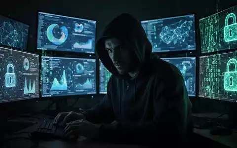 Verschattete Gestalt in dunklem Hoodie über mehreren leuchtenden Bildschirmen mit abstrakten Daten und digitalen Schlössern. - Foto: über boerse-global.de