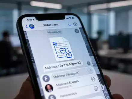 Nahaufnahme eines Smartphone-Bildschirms mit schädlichem Dateianhang in einer Messaging-App, unscharfer Bürohintergrund. - Foto: über boerse-global.de