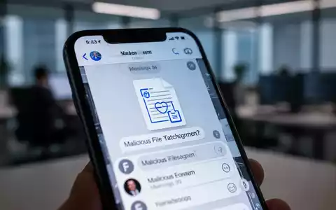 Nahaufnahme eines Smartphone-Bildschirms mit schädlichem Dateianhang in einer Messaging-App, unscharfer Bürohintergrund. - Foto: über boerse-global.de