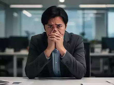 Eine nachdenkliche Person sitzt an einem Schreibtisch im Büro, die Hände vor dem Gesicht, was Erschöpfung und Stress symbolisiert. - Foto: über boerse-global.de