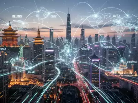 Futuristische Skyline in der Dämmerung mit leuchtenden digitalen Netzlinien, die globale Wahrzeichen und erleuchtete Gebäude verbinden. - Foto: über boerse-global.de