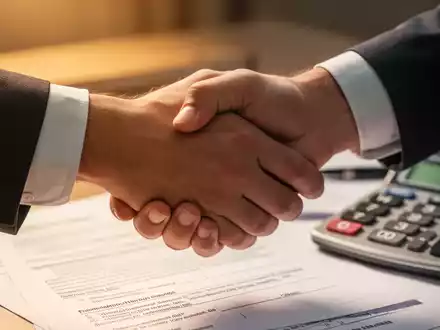 Zwei Hände schütteln sich, im Hintergrund unscharfe juristische Dokumente und ein Taschenrechner, symbolisieren Abfindungen und Arbeitsrecht. - Foto: über boerse-global.de